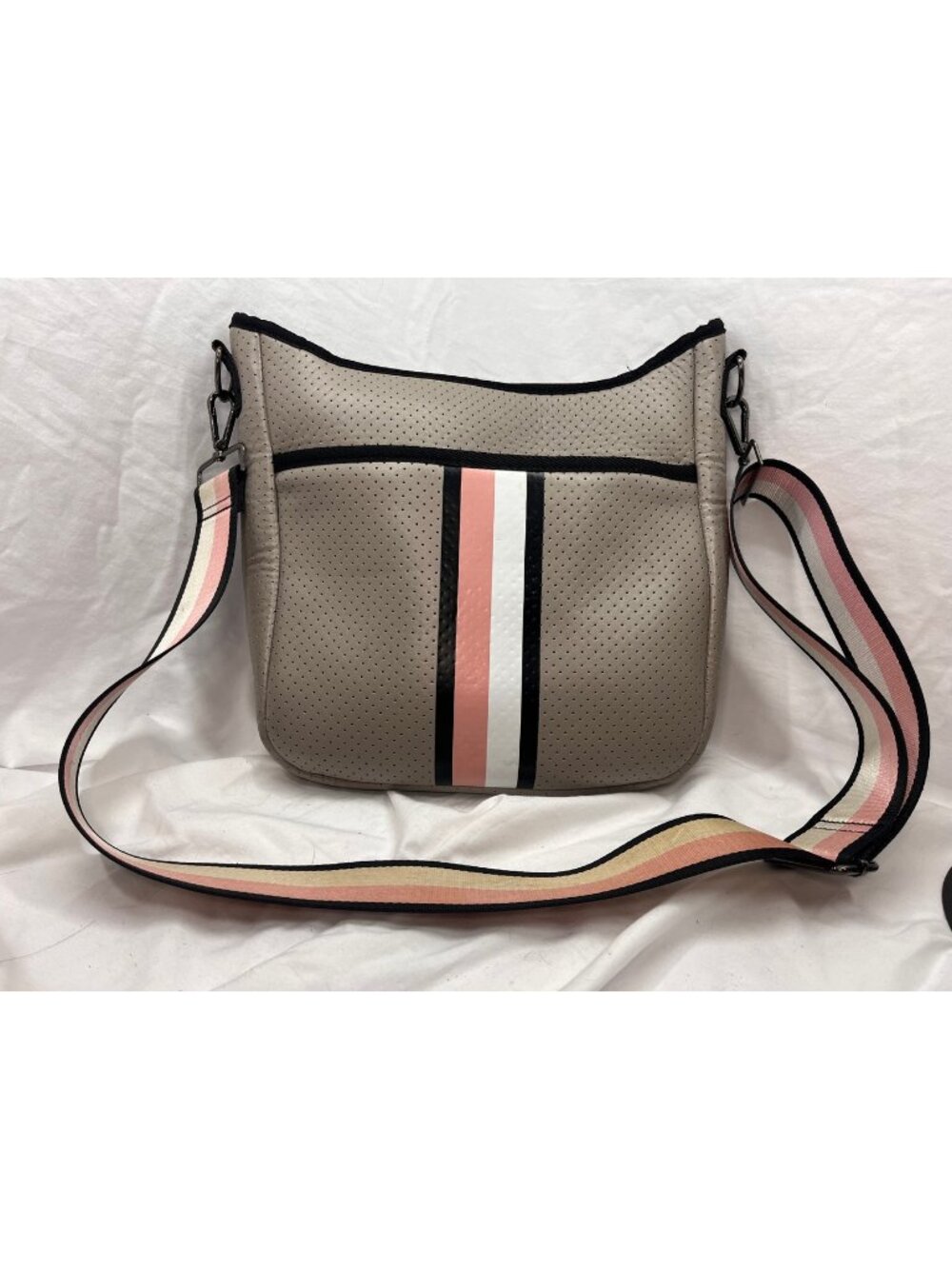 Haute Shore Greige Perforated Crossbody Bag Pink Stripe Adjustable Strap